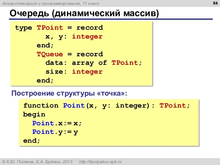 Очередь (динамический массив) type TPoint = record x, y: integer end;