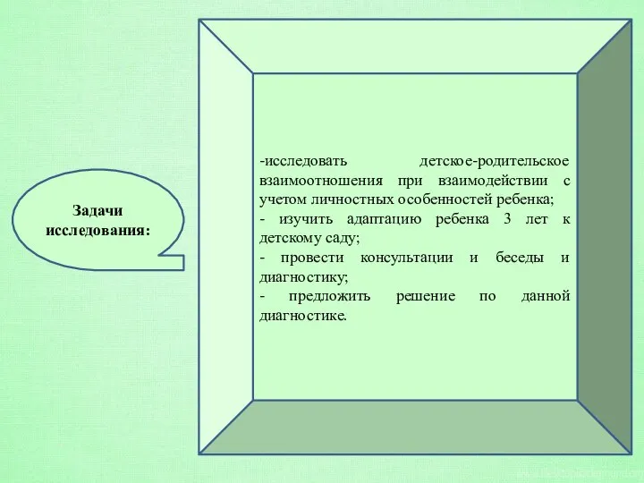 -исследовать детское-родительское взаимоотношения при взаимодействии с учетом личностных особенностей ребенка; -