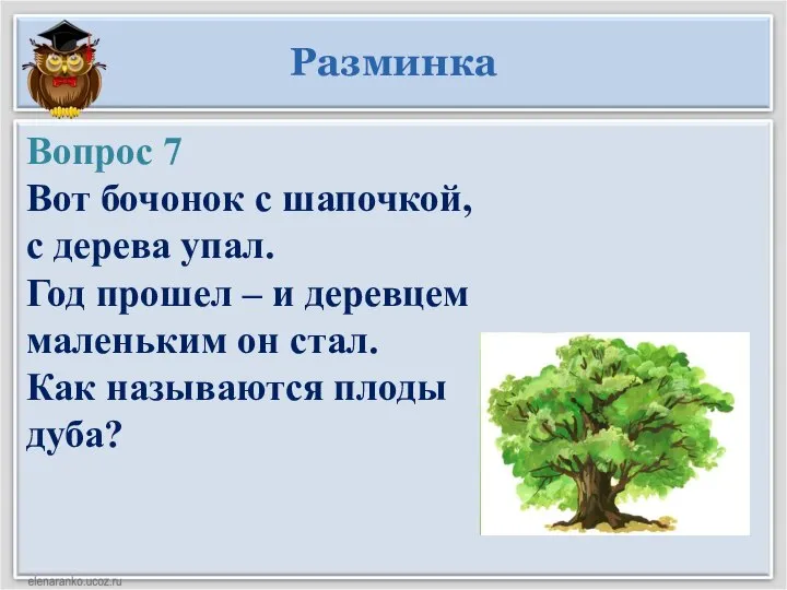 Разминка Вопрос 7 Вот бочонок с шапочкой, с дерева упал. Год
