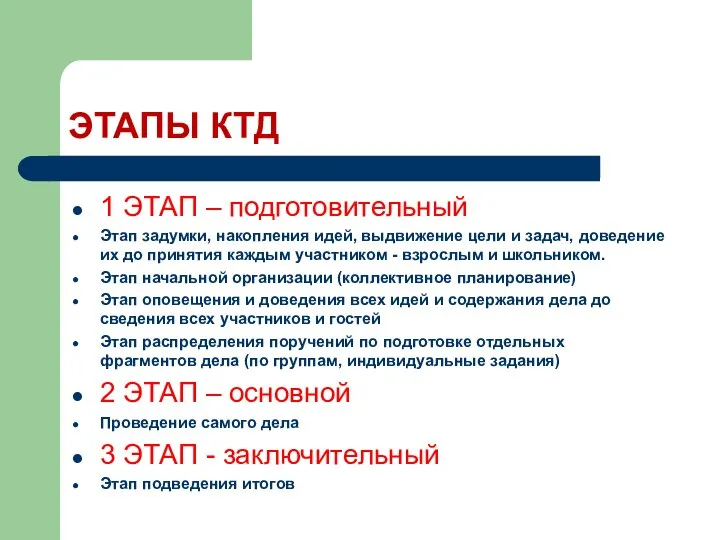 ЭТАПЫ КТД 1 ЭТАП – подготовительный Этап задумки, накопления идей, выдвижение