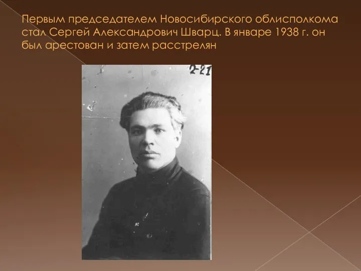Первым председателем Новосибирского облисполкома стал Сергей Александрович Шварц. В январе 1938