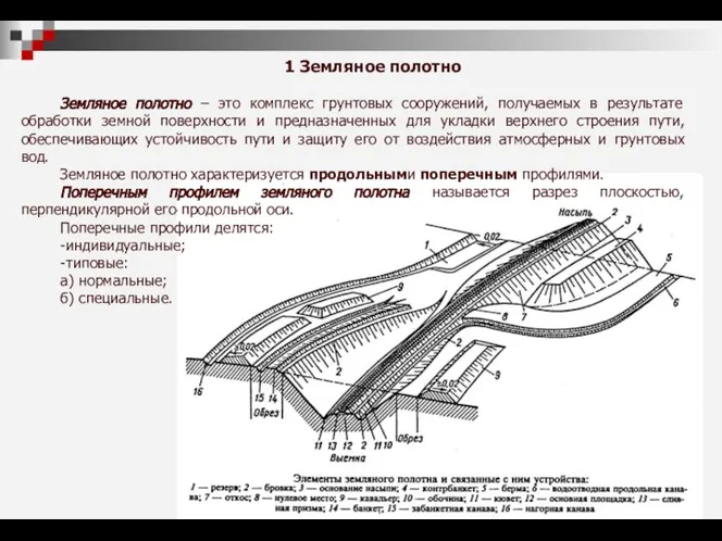 1 Земляное полотно Земляное полотно – это комплекс грунтовых сооружений, получаемых