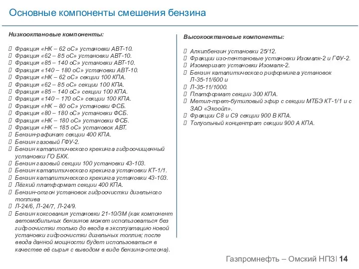 Основные компоненты смешения бензина Низкооктановые компоненты: Фракция «НК – 62 оС»