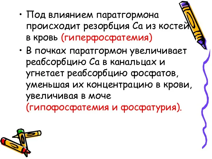 Под влиянием паратгормона происходит резорбция Са из костей в кровь (гиперфосфатемия)