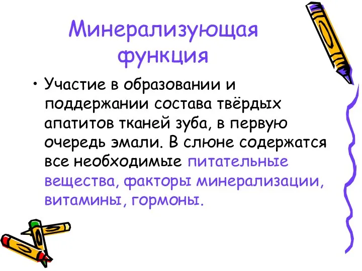 Минерализующая функция Участие в образовании и поддержании состава твёрдых апатитов тканей