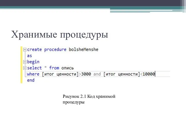 Хранимые процедуры Рисунок 2.1 Код хранимой процедуры