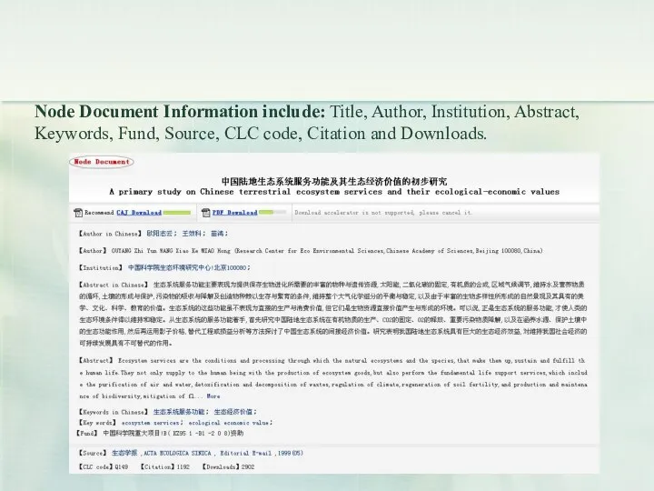 Node Document Information include: Title, Author, Institution, Abstract, Keywords, Fund, Source, CLC code, Citation and Downloads.