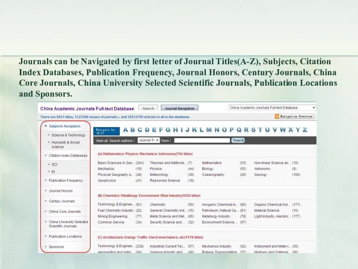 Journals can be Navigated by first letter of Journal Titles(A-Z), Subjects,