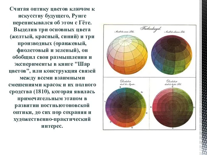 Считая оптику цветов ключом к искусству будущего, Рунге переписывался об этом