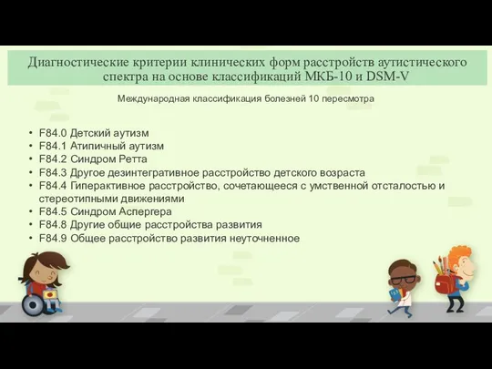 Международная классификация болезней 10 пересмотра F84.0 Детский аутизм F84.1 Атипичный аутизм