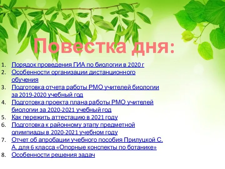 Повестка дня: Порядок проведения ГИА по биологии в 2020 г Особенности