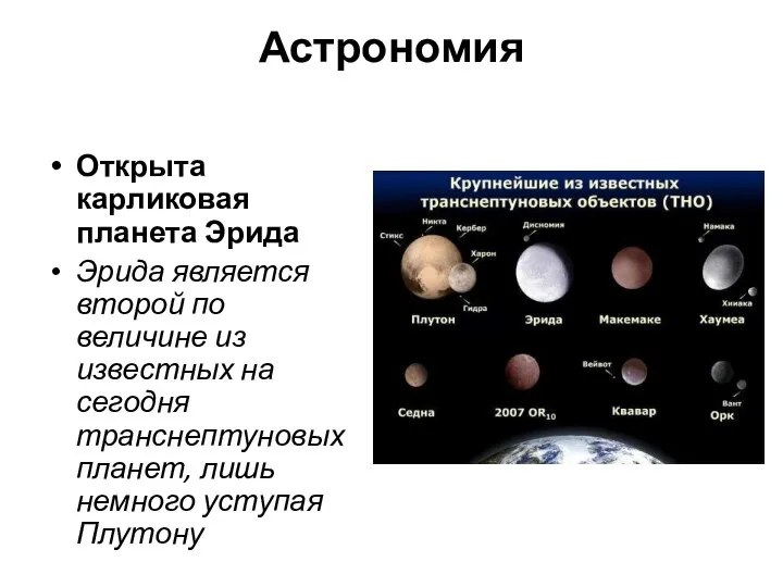 Астрономия Открыта карликовая планета Эрида Эрида является второй по величине из