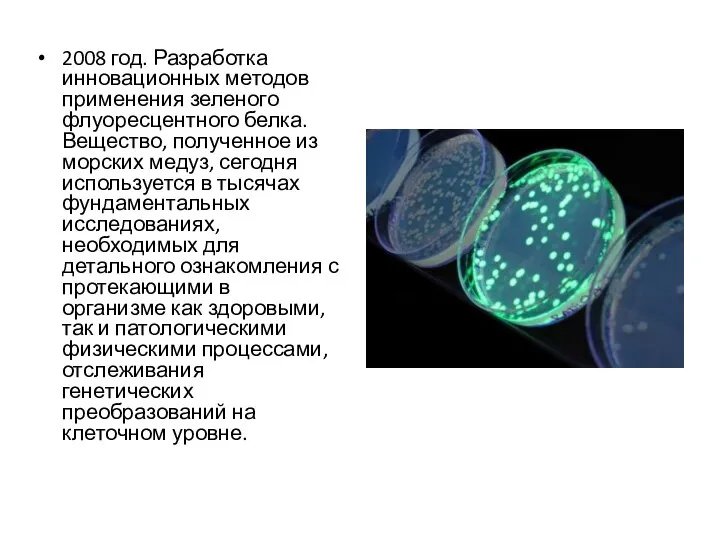 2008 год. Разработка инновационных методов применения зеленого флуоресцентного белка. Вещество, полученное