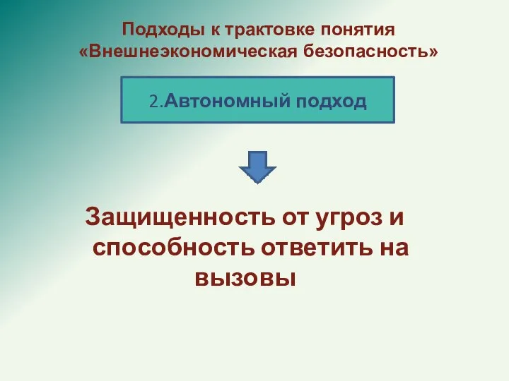 Подходы к трактовке понятия «Внешнеэкономическая безопасность» 2.Автономный подход Защищенность от угроз и способность ответить на вызовы