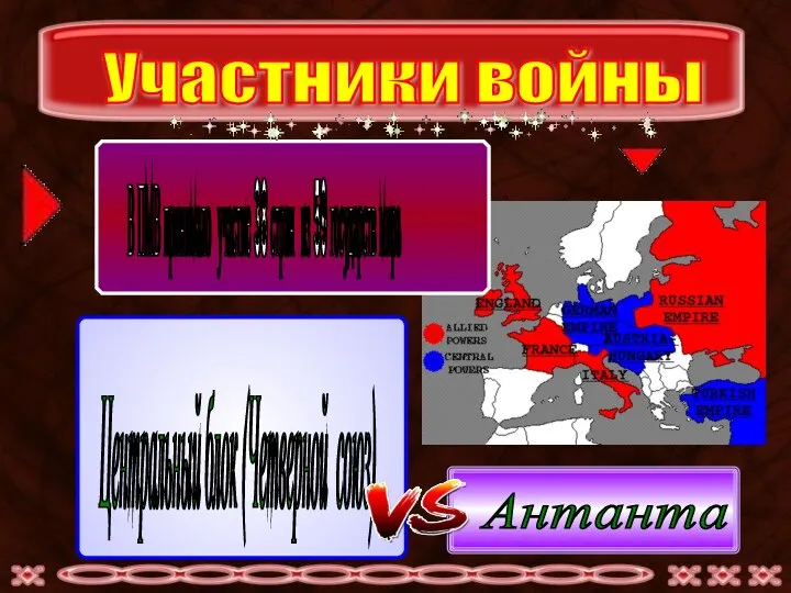 Участники войны Центральный блок (Четверной союз) Антанта В ПМВ принимало участие