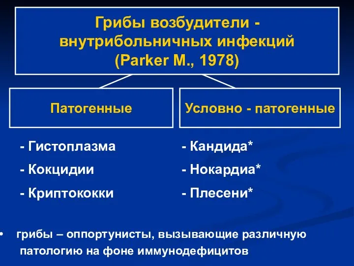 Грибы возбудители - внутрибольничных инфекций (Parker М., 1978) Патогенные Условно -