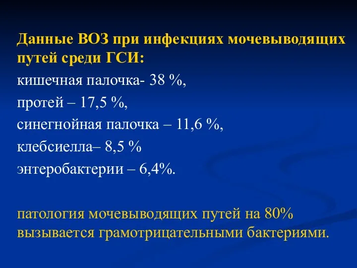 Данные ВОЗ при инфекциях мочевыводящих путей среди ГСИ: кишечная палочка- 38