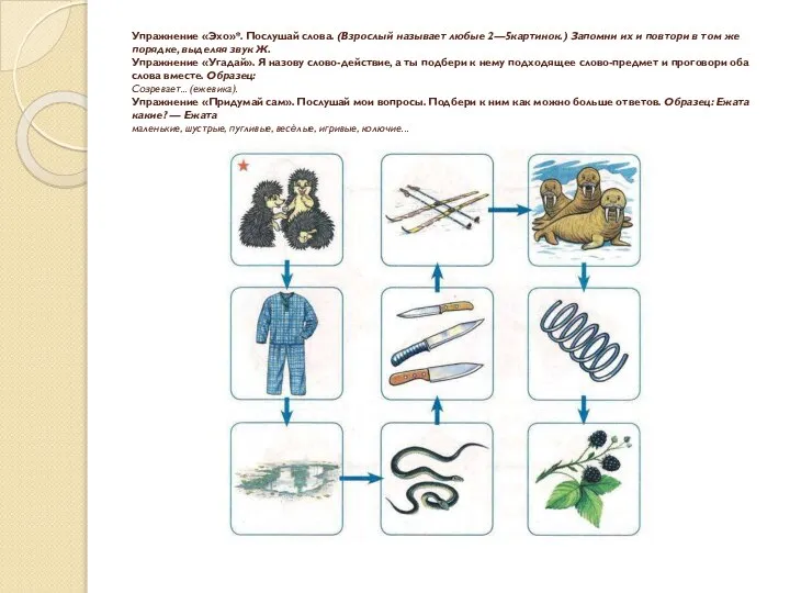 Упражнение «Эхо»*. Послушай слова. (Взрослый называет любые 2—5картинок.) Запомни их и