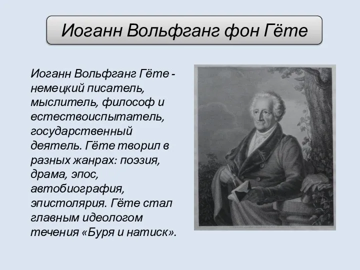 Иоганн Вольфганг фон Гёте Иоганн Вольфганг Гёте -немецкий писатель, мыслитель, философ