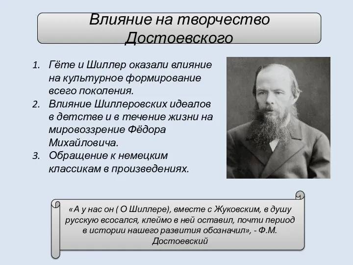 Влияние на творчество Достоевского Гёте и Шиллер оказали влияние на культурное