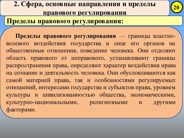 2. Сфера, основные направления и пределы правового регулирования Пределы правового регулирования: