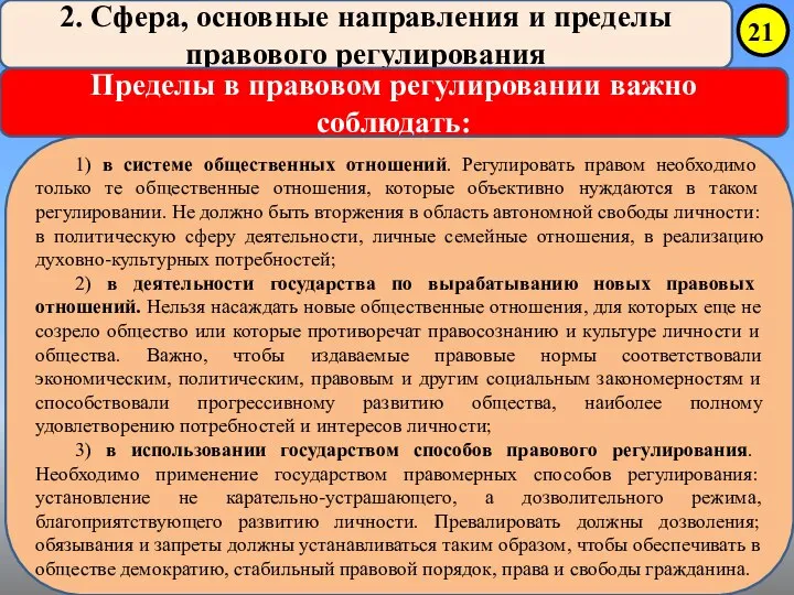 2. Сфера, основные направления и пределы правового регулирования Пределы в правовом