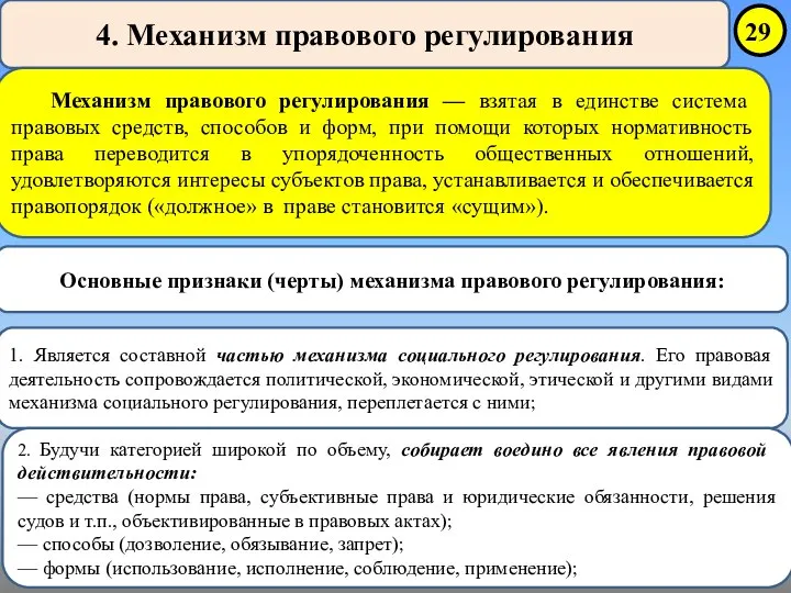 4. Механизм правового регулирования Основные признаки (черты) механизма правового регулирования: Механизм