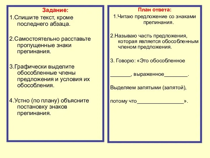 Задание: 1.Спишите текст, кроме последнего абзаца. 2.Самостоятельно расставьте пропущенные знаки препинания.