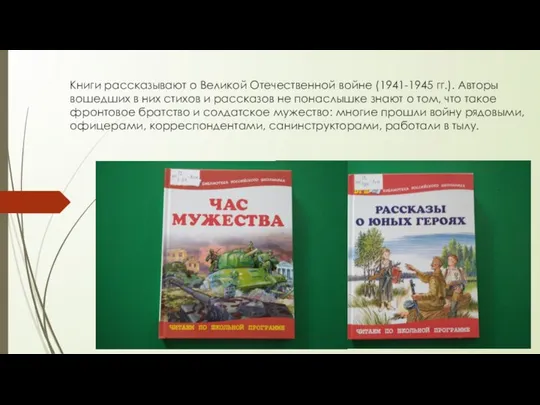 Книги рассказывают о Великой Отечественной войне (1941-1945 гг.). Авторы вошедших в