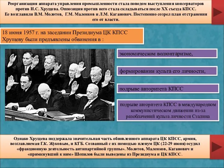 Реорганизация аппарата управления промышленности стала поводом выступления консерваторов против Н.С. Хрущева.