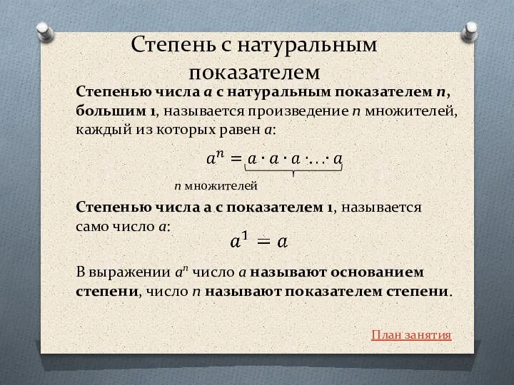 Степень с натуральным показателем Степенью числа a с натуральным показателем n,