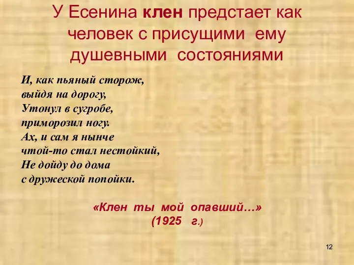 У Есенина клен предстает как человек с присущими ему душевными состояниями