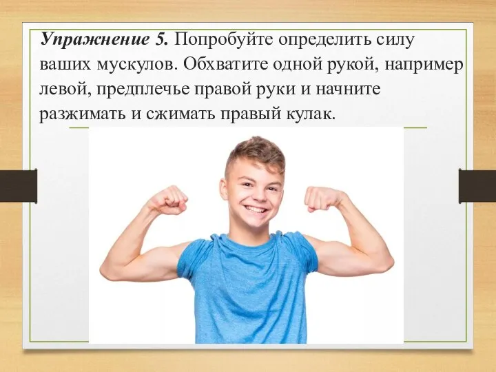 Упражнение 5. Попробуйте определить силу ваших мускулов. Обхватите одной рукой, например