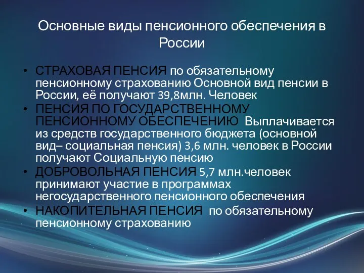 Основные виды пенсионного обеспечения в России СТРАХОВАЯ ПЕНСИЯ по обязательному пенсионному