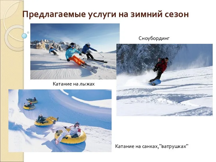 Предлагаемые услуги на зимний сезон Катание на лыжах Сноубординг Катание на санках,”ватрушках”