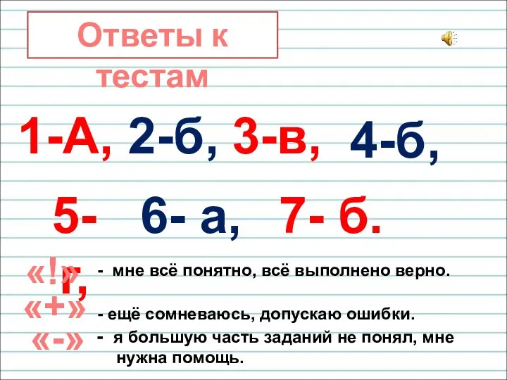 Ответы к тестам 1-А, 2-б, 3-в, 4-б, 5- г, 6- а,