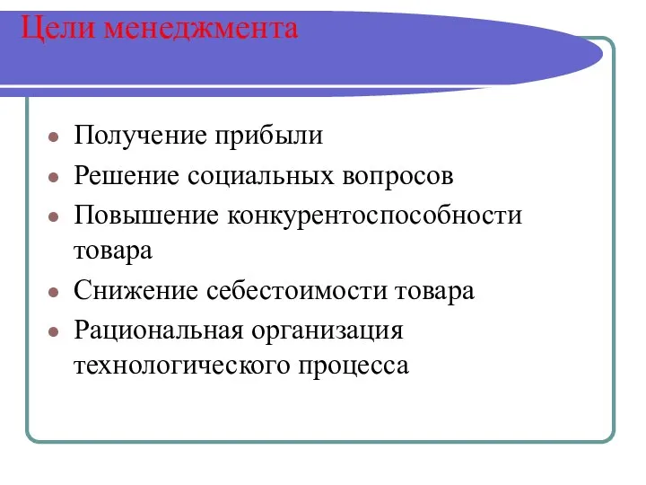 Цели менеджмента Получение прибыли Решение социальных вопросов Повышение конкурентоспособности товара Снижение