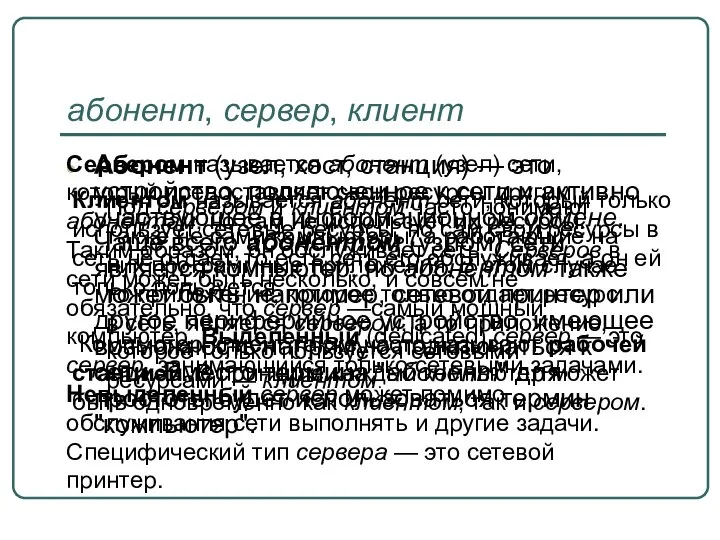 абонент, сервер, клиент Абонент (узел, хост, станция) — это устройство, подключенное