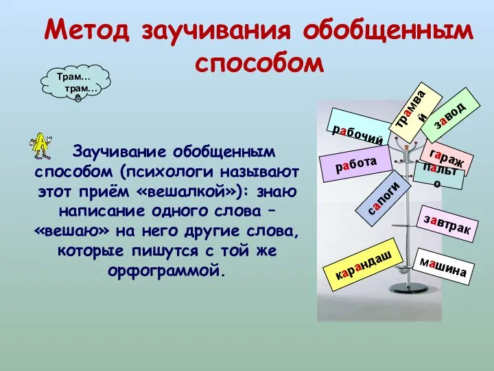 Метод заучивания обобщенным способом Заучивание обобщенным способом (психологи называют этот приём