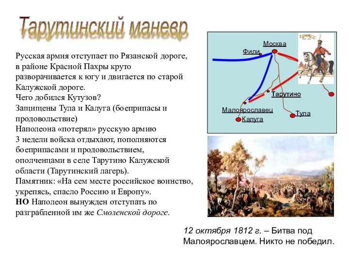 Тарутинский маневр 12 октября 1812 г. – Битва под Малоярославцем. Никто