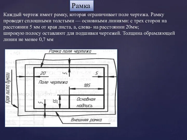 Рамка Каждый чертеж имеет рамку, которая ограничивает поле чертежа. Рамку проводят