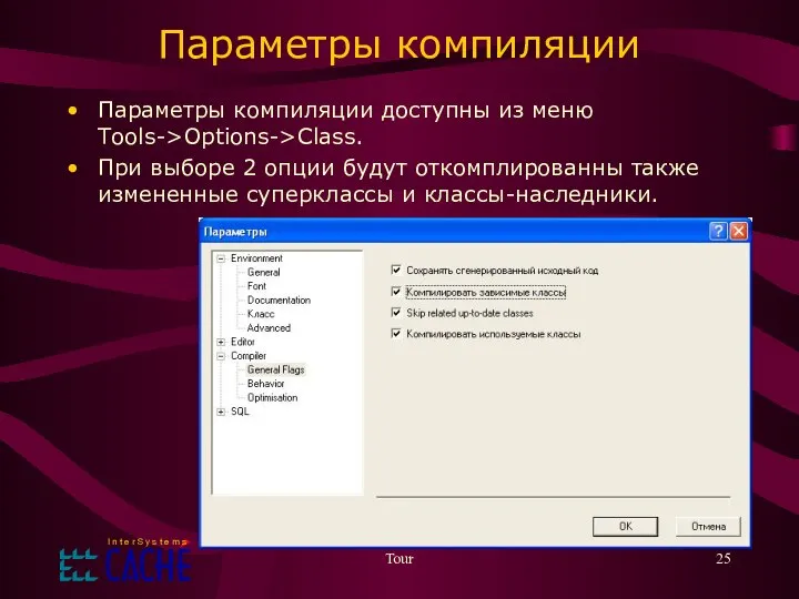 Tour Параметры компиляции Параметры компиляции доступны из меню Tools->Options->Class. При выборе