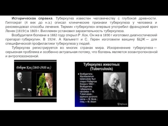 Историческая справка. Туберкулез известен человечеству с глубокой древности. Гиппократ (4 век