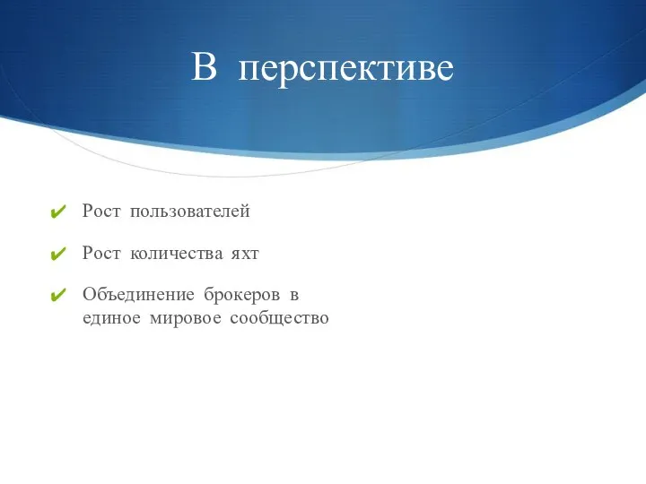 В перспективе Рост пользователей Рост количества яхт Объединение брокеров в единое мировое сообщество