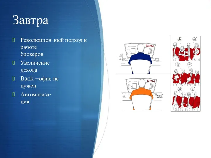 Завтра Революцион-ный подход к работе брокеров Увеличение дохода Back –офис не нужен Автоматиза- ция