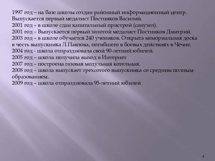 1997 год – на базе школы создан районный информационный центр. Выпускается