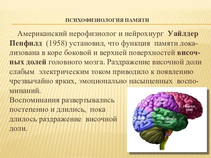 ПСИХОФИЗИОЛОГИЯ ПАМЯТИ Американский нерофизиолог и нейрохиург Уайлдер Пенфилд (1958) установил, что