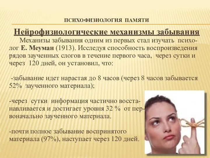 ПСИХОФИЗИОЛОГИЯ ПАМЯТИ Нейрофизиологические механизмы забывания Механизы забывания одним из первых стал