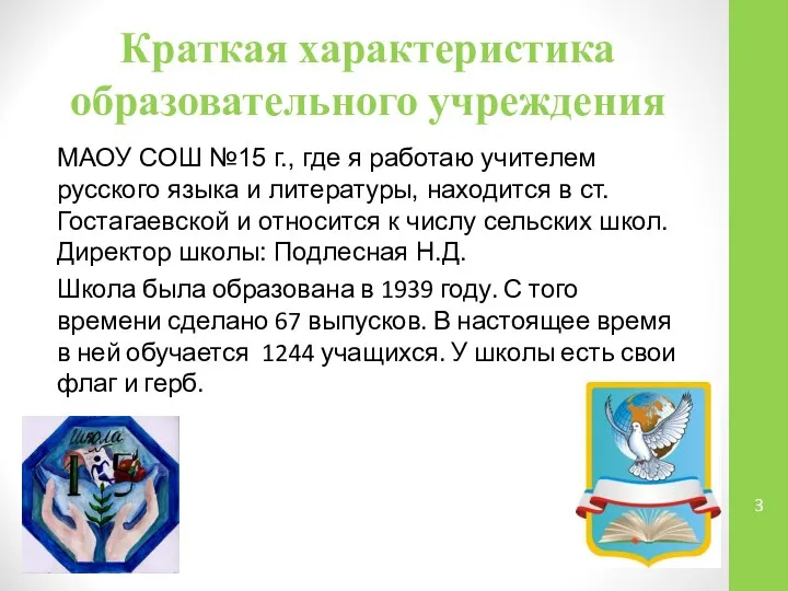 Краткая характеристика образовательного учреждения МАОУ СОШ №15 г., где я работаю