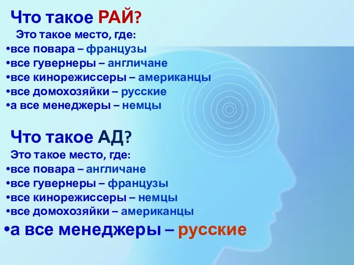 Что такое РАЙ? Это такое место, где: все повара – французы